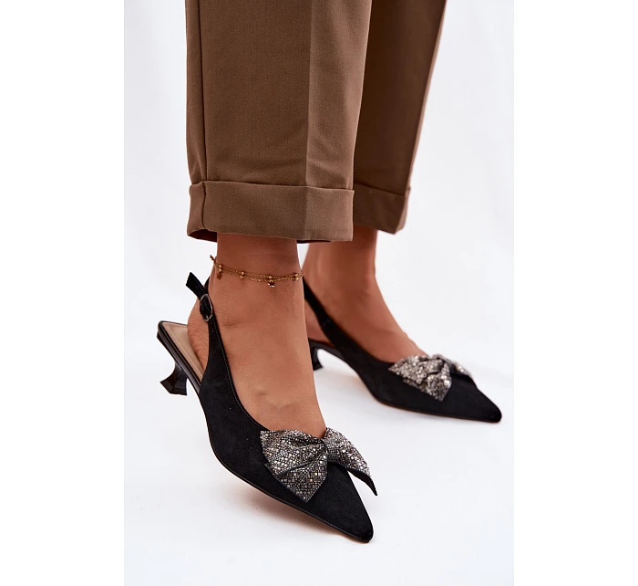 Kožené semišové sandály s mašlí na podpatku model 22100311 černé - D&A