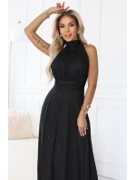 636-3 VERONICA luxusní dlouhé šaty s brokátovým akcentem a elegantním střihem - černé
