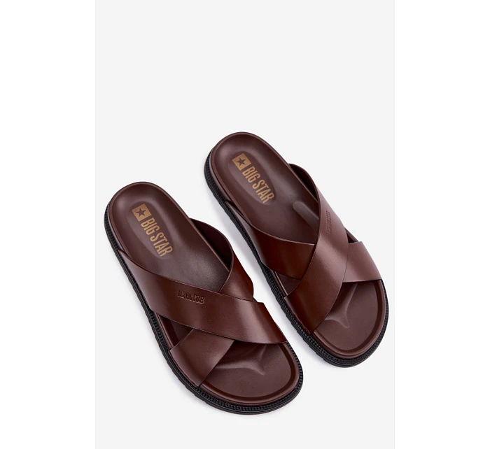 Kožené Pánské Pantofle Big Star model 22064040 Tmavě hnědé - Big Star Shoes Kožené Pánské Pantofle Big Star model 22064040 Tmavě hnědé - Big Star Shoes