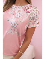 Dámská bavlněná blůza s krátkým rukávem a květinovým potiskem světle růžová Dámská bavlněná blůza s krátkým rukávem a květinovým potiskem světle růžová
