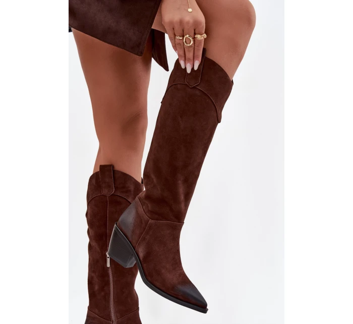 Kozačky Kovábojky Dámské Na Podpatku Z Přírodního Semiše Artiker 57C0230 Hnědé