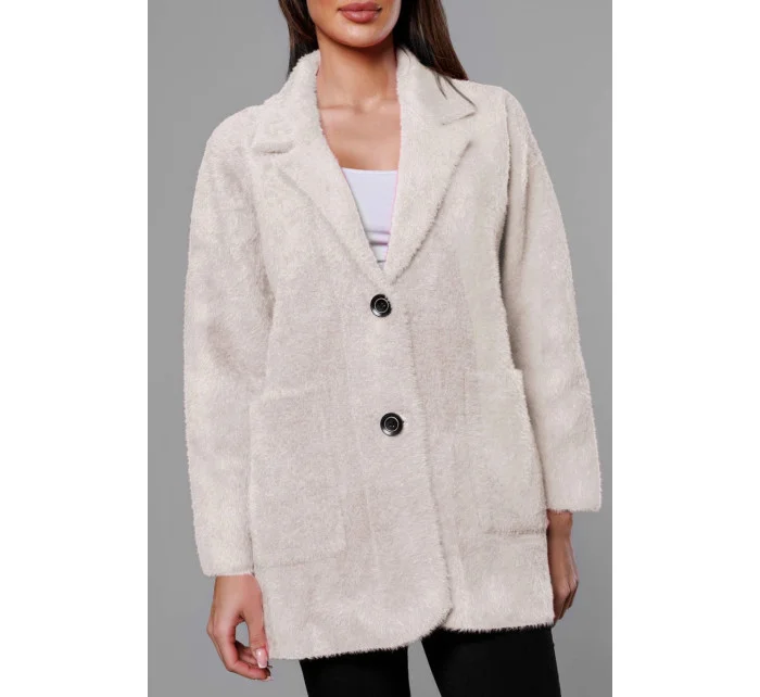 Krátký béžový vlněný přehoz přes oblečení typu alpaka model 18059157 - MADE IN ITALY Krátký béžový vlněný přehoz přes oblečení typu alpaka model 18059157 - MADE IN ITALY