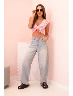 Dámská pruhovaná blůza s nařasením a volánky neonově růžová Dámská pruhovaná blůza s nařasením a volánky neonově růžová