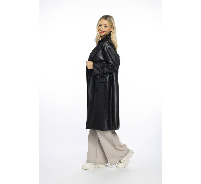 Černý dvouřadový klasický dámský kabát z ekologické kůže AnnGissy (AG6-30)