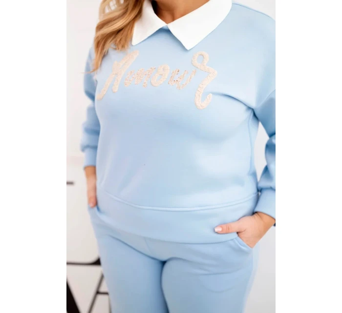 Dámský komplet máslo Plus Size s širokými nohavicemi a límečkem modrý
