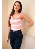 Dámská žebrovaná pruhovaná halenka na ramínkách s volánkem neonově růžová