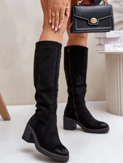 Zateplené kozačky na podpatku eko semišové nad koleno černé model 21675737 - Boto