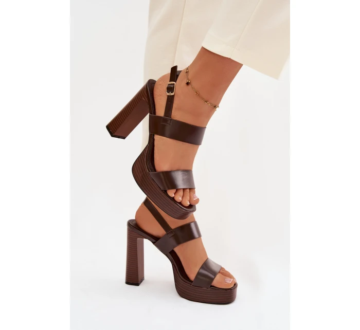 Dámské sandály na podpatku a platformě kůže Čokoládové model 21943437 - Boto