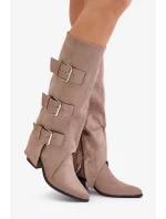 Kozačky Na Podpatku S Ohnutou Holení A Přezkami Béžové Vamissa Kozačky Na Podpatku S Ohnutou Holení A Přezkami Béžové Vamissa
