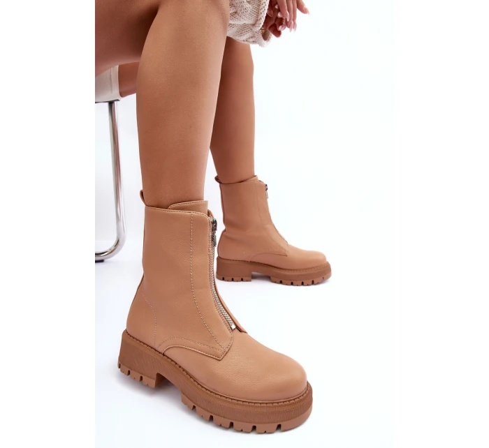 Kůže Baleríny Na Ploché Podpatku Se Zipem Camel model 21633772 - Boto