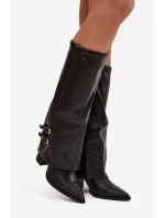 Dámské kotníkové boty Jessae na sloupkovém podpatku se zahnutou manžetou a sponami – černé