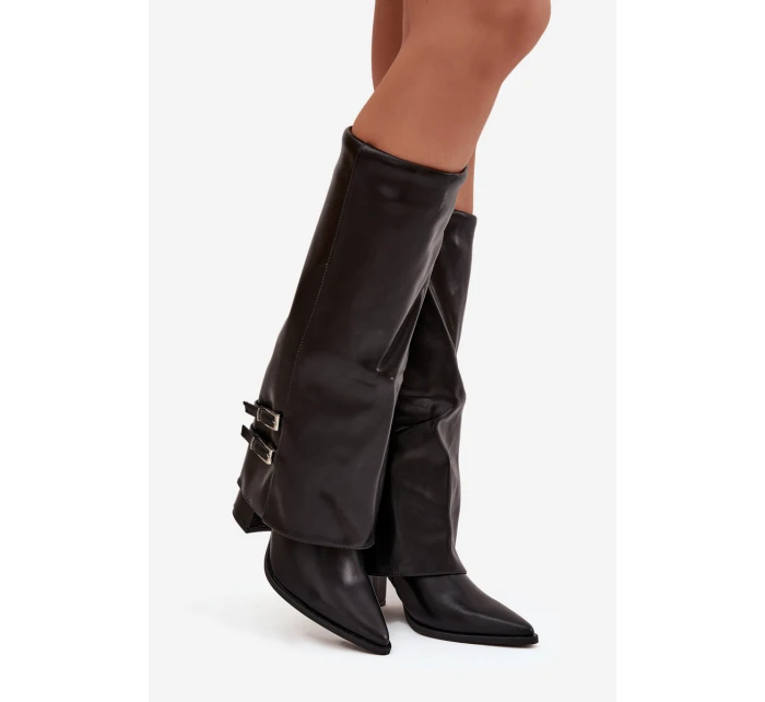 Dámské kotníkové boty Jessae na sloupkovém podpatku se zahnutou manžetou a sponami – černé