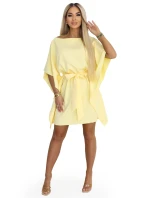 287-41 SOFIA Motýlí šaty se zavazováním v pase - pastelový citron