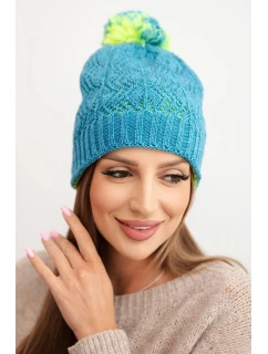 Dámská zimní čepice s vlnou v ozdobném pletení s bambulí K467 džínová