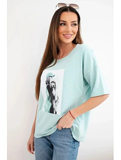 Dámská bavlněná oversize halenka s krátkým rukávem a módním potiskem tmavě mátová