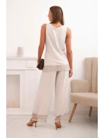 Dámská souprava z viskózy, top na širokých ramínkách a kalhoty s širokým nohavicí béžový