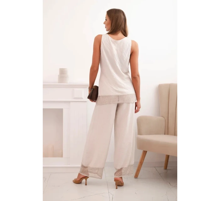 Dámská souprava z viskózy, top na širokých ramínkách a kalhoty s širokým nohavicí béžový