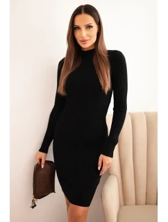 Dámská viskózová pruhovaná šaty s dlouhým rukávem a stojáčkem černá