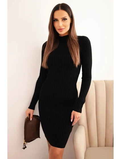 Dámská viskózová pruhovaná šaty s dlouhým rukávem a stojáčkem černá