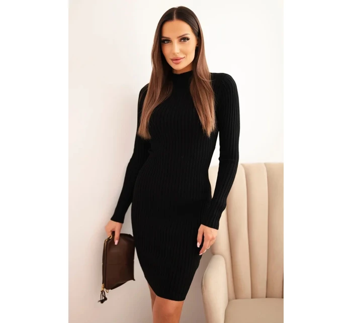 Dámská viskózová pruhovaná šaty s dlouhým rukávem a stojáčkem černá
