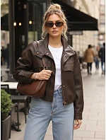 Dámská bunda z ekokůže oversize s vysokým límcem hnědá FashionStreet TY5650