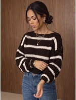 Dámský oversize svetr s pruhy a nastavitelným pasem, hnědý, FashionStreet MY2613