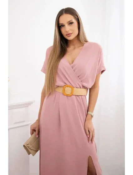 Dlouhé šaty s ozdobným páskem tmavě pudrově růžová