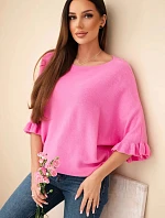 Dámský svetr typu netopýr s kulatým výstřihem růžový