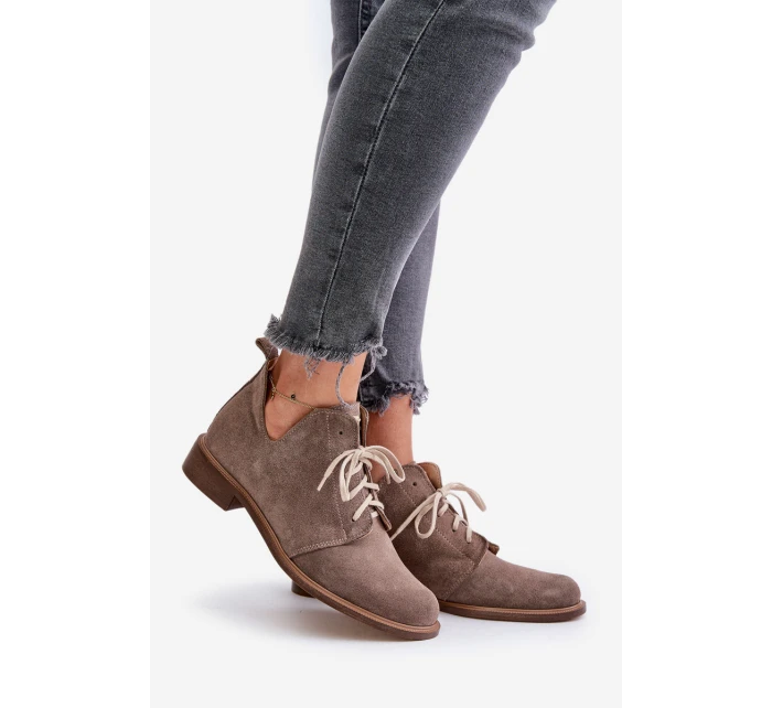 Semišové Polobotky Šněrovací Na Plochém Podpatku Tmavě Béžové model 21670931 - Zazoo