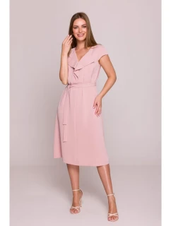 S411 Šaty bez rukávů s volánkovým výstřihem - pudrové