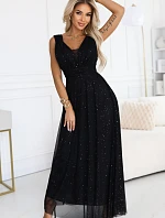 637-2 Večerní dlouhé šaty s brokátovým akcentem a hlubokým výstřihem - černé