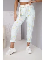 Dámské viskózové květované kalhoty s páskem mátové
