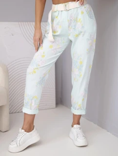 Dámské viskózové květované kalhoty s páskem mátové