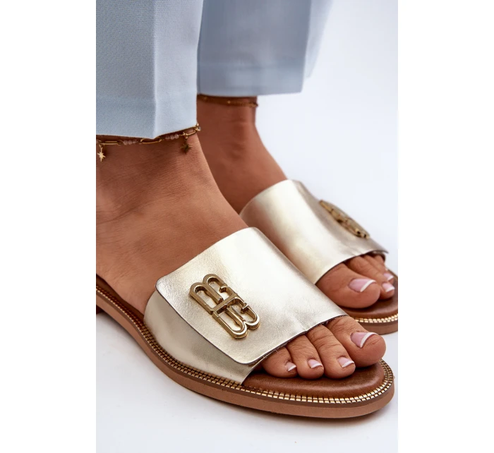 model 21659224 Elegantní Dámské Kožené Žabky Zlaté - Zazoo