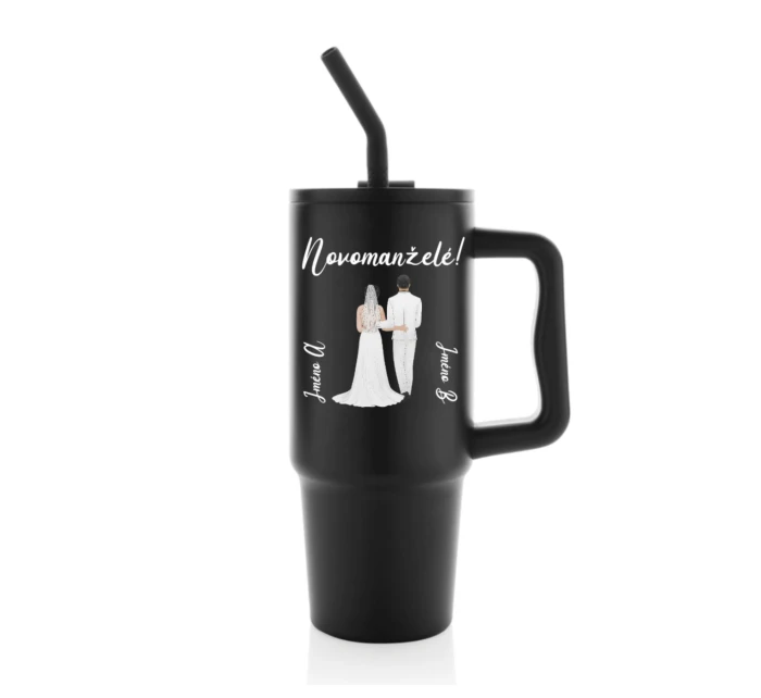 Personalizovaná termoska s barevným víčkem s novomanželským párem 