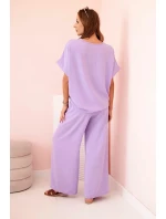 Dámský komplet z viskózy s ozdobným květem a širokými kalhotami - fuchsie světlá fialová