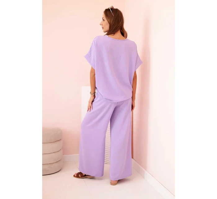 Dámský komplet z viskózy s ozdobným květem a širokými kalhotami - fuchsie světlá fialová