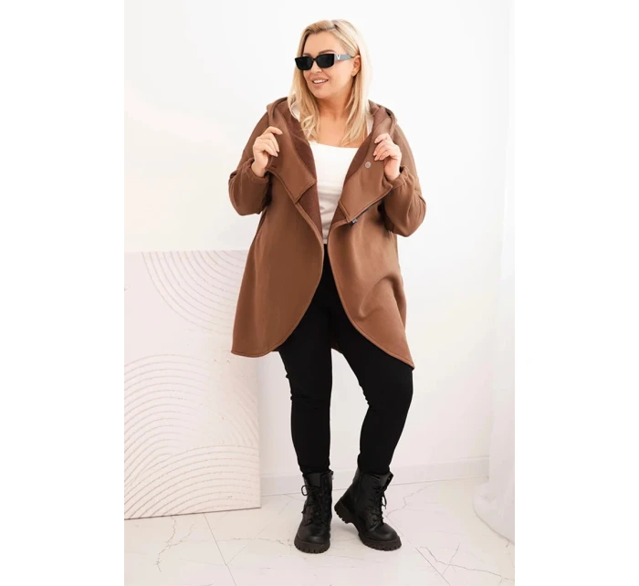 Dámská mikina Plus Size zateplená s kapucí a asymetrickým zipem hnědá