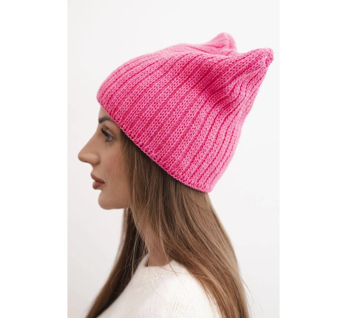 Dámská zimní čepice z vlny s kočičím střihem z pruhované pleteniny K419 růžová