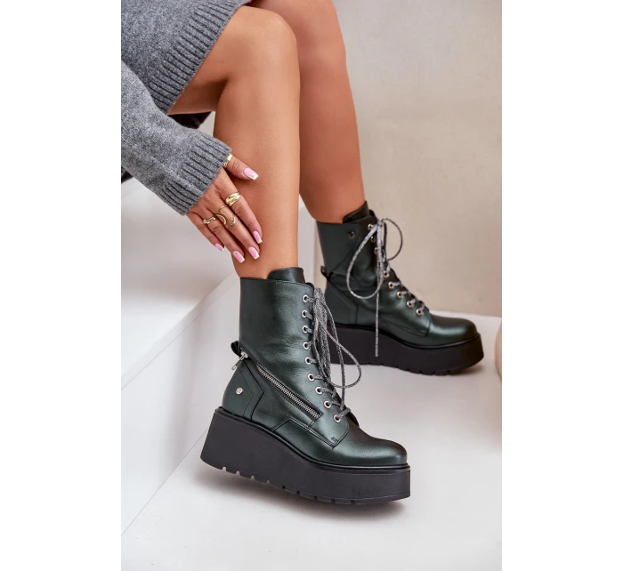 Kožené Botky Workery Na Platformě A Klínu model 21678213 Zelené - Maciejka