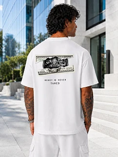Pánské tričko oversize Money Is Never Tamed bílé FashionStreet NX4013R