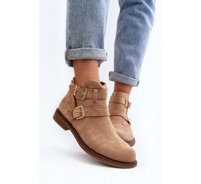 Dámské botky na plochém podpatku s pásky béžové model 21647703 - Boto Dámské botky na plochém podpatku s pásky béžové model 21647703 - Boto