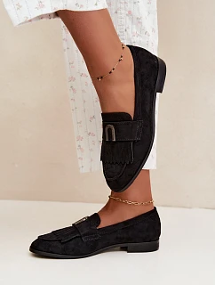 Dámské mokasíny s třásněmi a zlatým detailem Černé model 22313646 - Boto