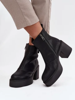 Kožené zateplené dámské kotníčkové boty na podpatku a platformě model 21713412 Černé - VINCEZA