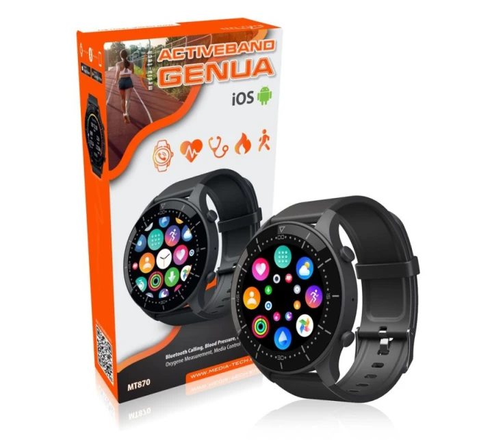 MEDIA-TECH SMARTBAND GENOA, FUNKCE VOLÁNÍ PŘES BLUETOOTH, MĚŘENÍ KREVNÍHO TLAKU, PULSU A DALŠÍCH PARAMETRŮ MT870
