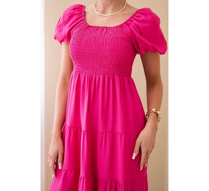 Dámské viskózové šaty s nabíranými rukávy a volánkovým topem khaki Dámské viskózové šaty s nabíranými rukávy a volánkovým topem khaki