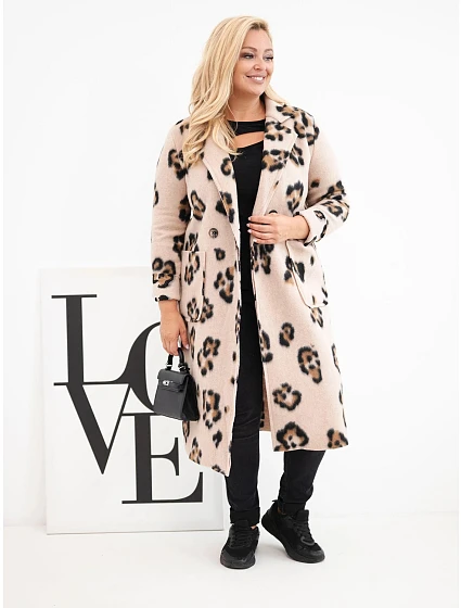 Dámský elegantní kabát Plus Size s klopami leopardí béžový