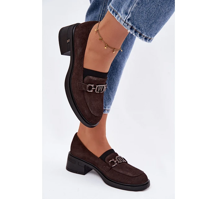 Dámské mokasiny z přírodního semiše na nízkém podpatku model 22100103 Čokoládové - VINCEZA