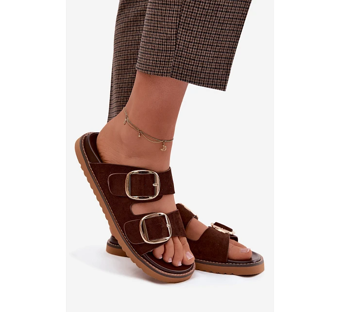 Dámské pantofle z imitace semiše se zlatými přezkami čokoládové model 22122715 - Boto