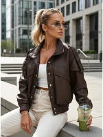 Dámská bunda z ekokůže s žebrovaným lemem a límcem hnědá FashionStreet TY5645